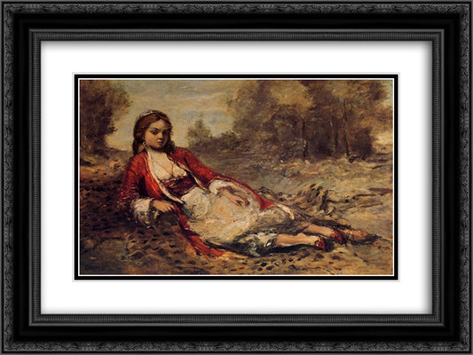 Young Algerian Woman Lying on the Grass 24x18 Black Ornate Wood Framed Art Print Poster with Double Matting by Corot, Jean Baptiste Camille
