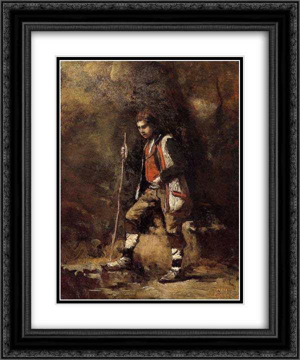 Young Italian Patriot in the Mountains 20x24 Black Ornate Wood Framed Art Print Poster with Double Matting by Corot, Jean Baptiste Camille