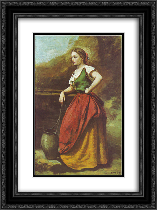 Young Woman at the Well 18x24 Black Ornate Wood Framed Art Print Poster with Double Matting by Corot, Jean Baptiste Camille