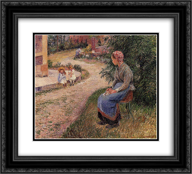 A Servant Seated in the Garden at Eragny 22x20 Black Ornate Wood Framed Art Print Poster with Double Matting by Pissarro, Camille