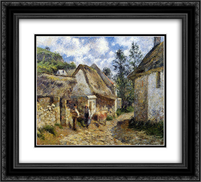 A Street in Auvers (Thatched Cottage and Cow) 22x20 Black Ornate Wood Framed Art Print Poster with Double Matting by Pissarro, Camille