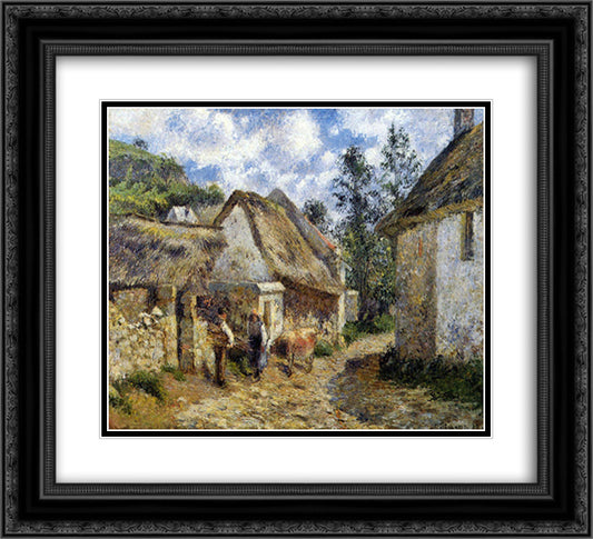 A Street in Auvers (Thatched Cottage and Cow) 22x20 Black Ornate Wood Framed Art Print Poster with Double Matting by Pissarro, Camille