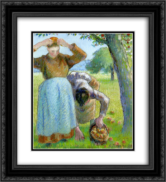 Apple Gatherers 20x22 Black Ornate Wood Framed Art Print Poster with Double Matting by Pissarro, Camille