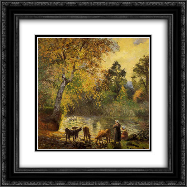 Autumn, Montfoucault Pond 20x20 Black Ornate Wood Framed Art Print Poster with Double Matting by Pissarro, Camille