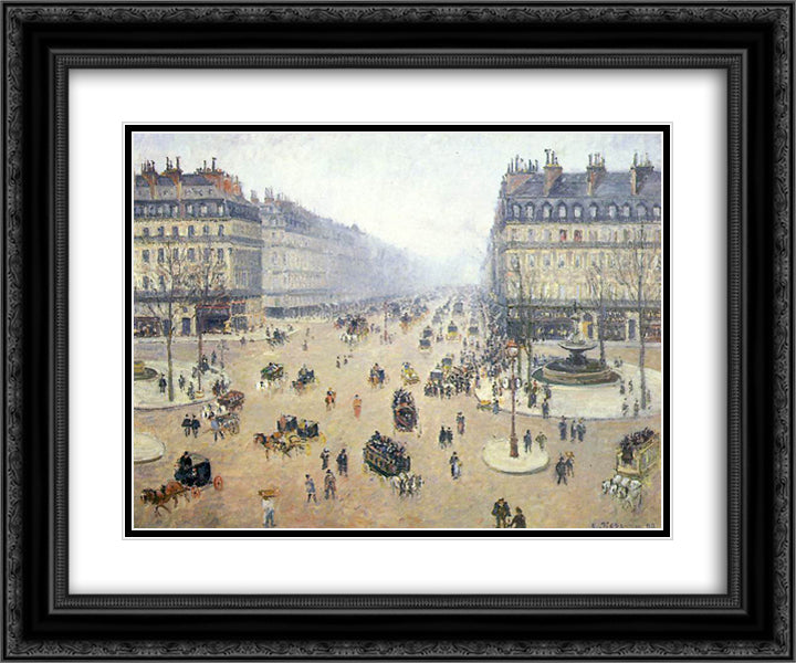 Avenue de l'Opera, Place du Theatre Francais. Misty 24x20 Black Ornate Wood Framed Art Print Poster with Double Matting by Pissarro, Camille