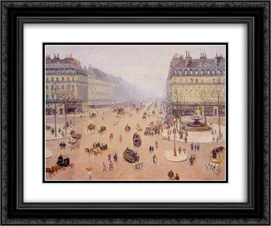 Avenue de l'Opera, Place du Thretre Francais Misty Weather 24x20 Black Ornate Wood Framed Art Print Poster with Double Matting by Pissarro, Camille