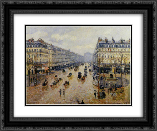 Avenue de l'Opera Rain Effect 24x20 Black Ornate Wood Framed Art Print Poster with Double Matting by Pissarro, Camille