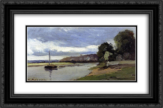 Banks of a River with Barge 24x16 Black Ornate Wood Framed Art Print Poster with Double Matting by Pissarro, Camille