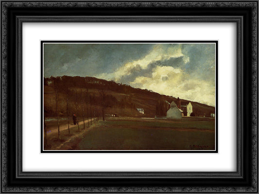 Banks of the river Marne in winter 24x18 Black Ornate Wood Framed Art Print Poster with Double Matting by Pissarro, Camille