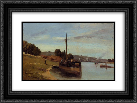 Barges at Le Roche Guyon 24x18 Black Ornate Wood Framed Art Print Poster with Double Matting by Pissarro, Camille