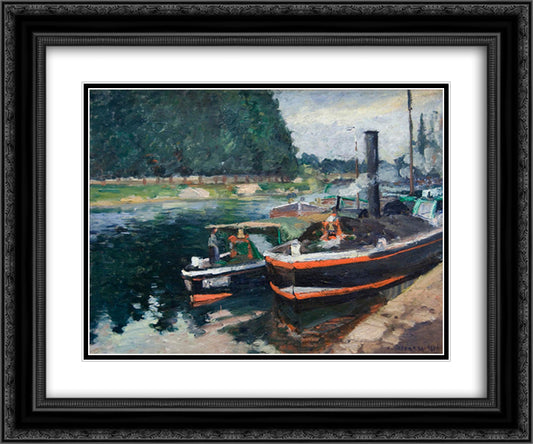 Barges on Pontoise 24x20 Black Ornate Wood Framed Art Print Poster with Double Matting by Pissarro, Camille