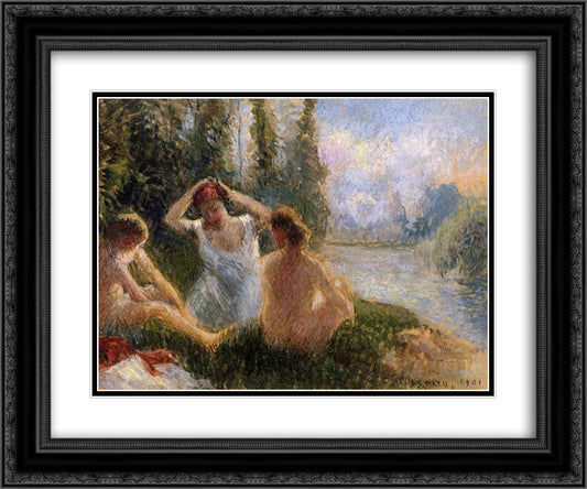 Bathers Seated on the Banks of a River 24x20 Black Ornate Wood Framed Art Print Poster with Double Matting by Pissarro, Camille