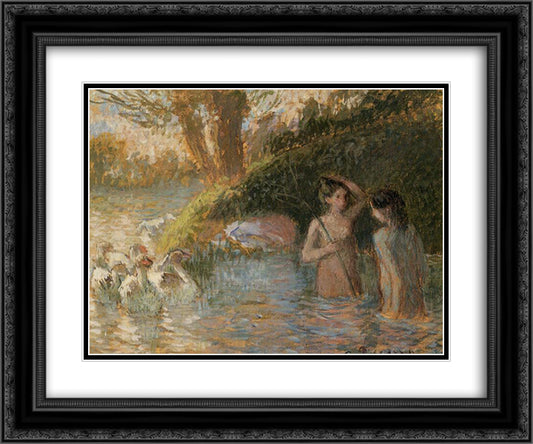 Bathing Goose Maidens 24x20 Black Ornate Wood Framed Art Print Poster with Double Matting by Pissarro, Camille