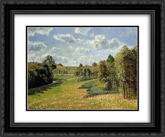 Berneval Meadows, Morning 24x20 Black Ornate Wood Framed Art Print Poster with Double Matting by Pissarro, Camille