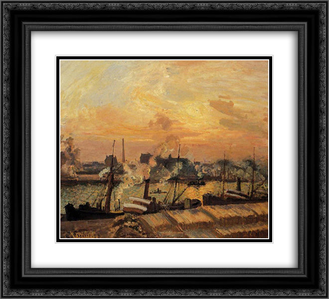 Boats, Sunset, Rouen 22x20 Black Ornate Wood Framed Art Print Poster with Double Matting by Pissarro, Camille