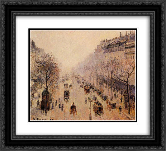 Boulevard Montmartre Morning, Sunlight and Mist 22x20 Black Ornate Wood Framed Art Print Poster with Double Matting by Pissarro, Camille