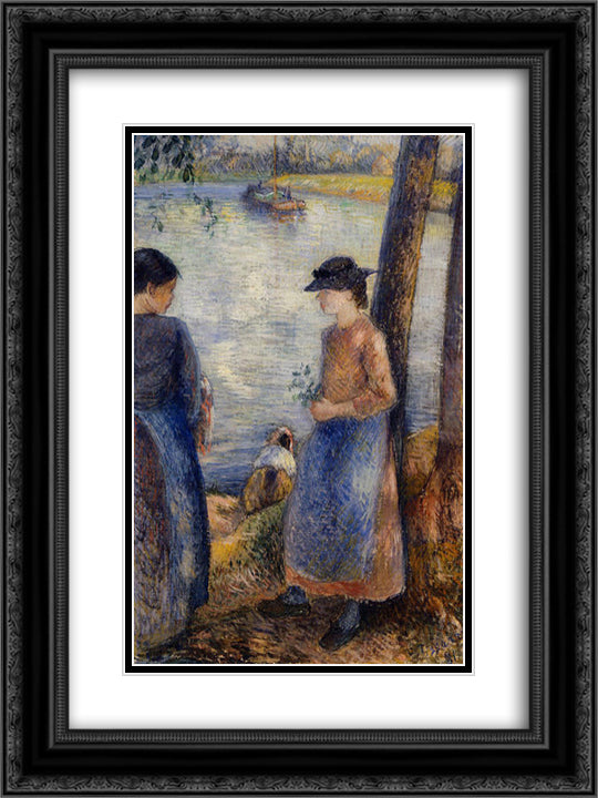 By the Water 18x24 Black Ornate Wood Framed Art Print Poster with Double Matting by Pissarro, Camille