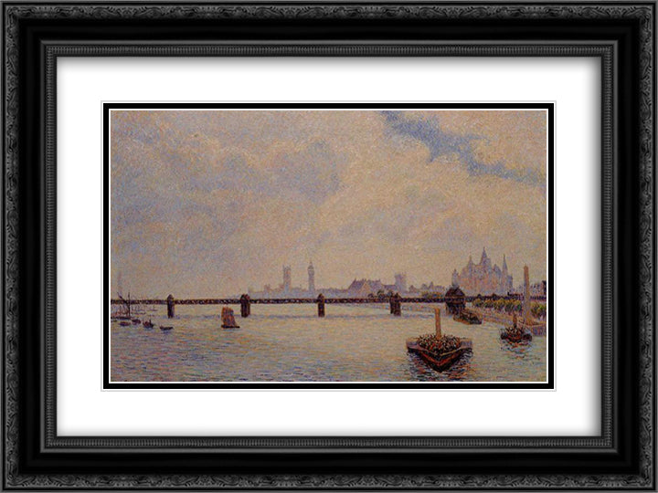 Charing Cross Bridge, London 24x18 Black Ornate Wood Framed Art Print Poster with Double Matting by Pissarro, Camille