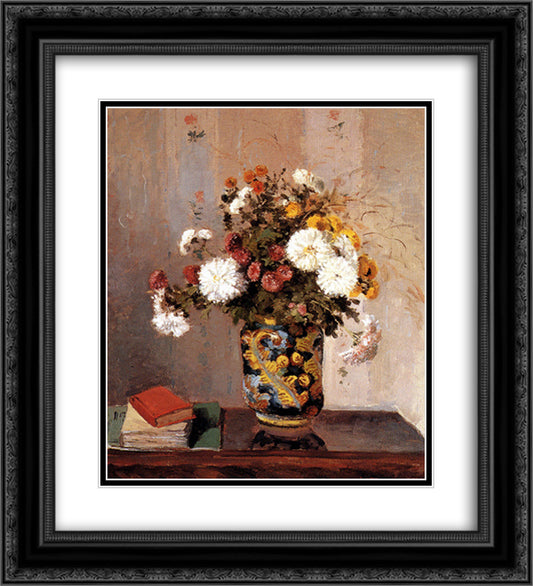 Chrysanthemums In a Chinese Vase 20x22 Black Ornate Wood Framed Art Print Poster with Double Matting by Pissarro, Camille