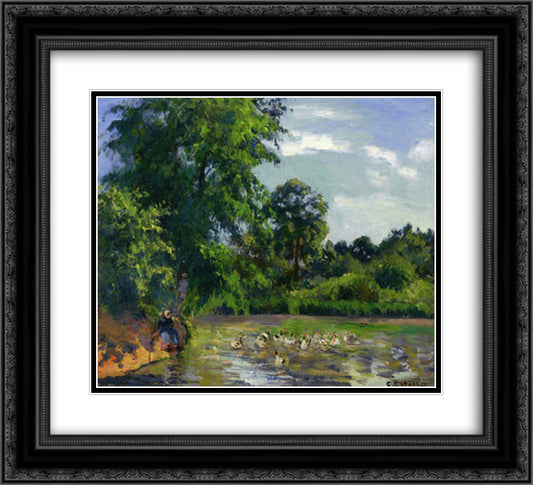 Ducks on the Pond at Montfoucault 22x20 Black Ornate Wood Framed Art Print Poster with Double Matting by Pissarro, Camille
