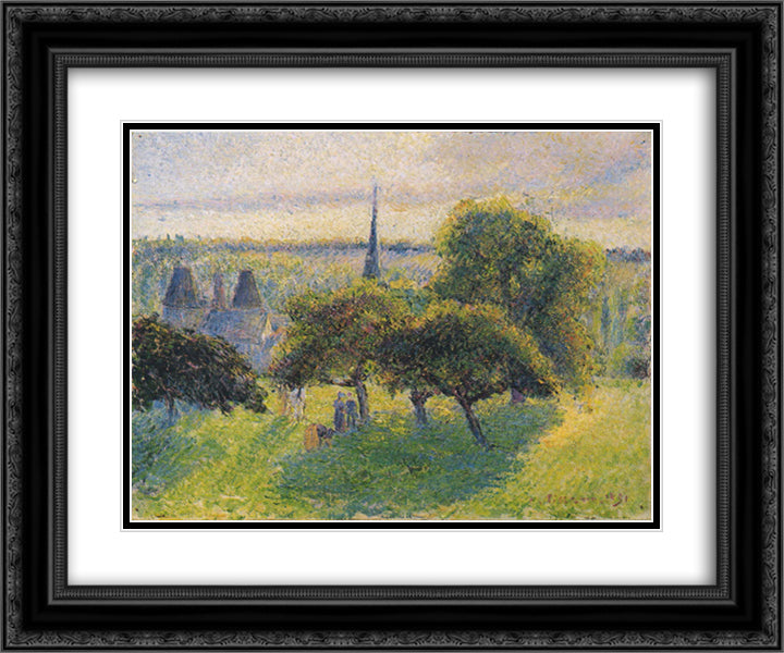 Farm and Steeple at Sunset 24x20 Black Ornate Wood Framed Art Print Poster with Double Matting by Pissarro, Camille