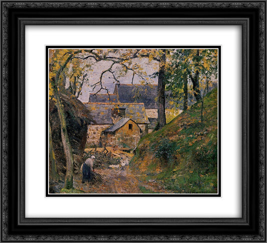 Farm at Montfoucault 22x20 Black Ornate Wood Framed Art Print Poster with Double Matting by Pissarro, Camille
