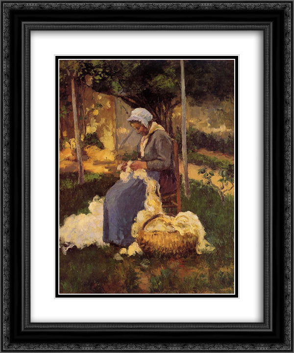 Female Peasant Carding Wool 20x24 Black Ornate Wood Framed Art Print Poster with Double Matting by Pissarro, Camille