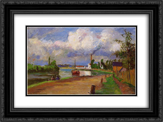 Fishermen on the Banks of the Oise 24x18 Black Ornate Wood Framed Art Print Poster with Double Matting by Pissarro, Camille