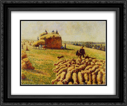 Flock of Sheep in a Field after the Harvest 24x20 Black Ornate Wood Framed Art Print Poster with Double Matting by Pissarro, Camille