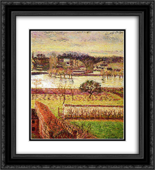 Flood, Twilight Effect, Eragny 20x22 Black Ornate Wood Framed Art Print Poster with Double Matting by Pissarro, Camille