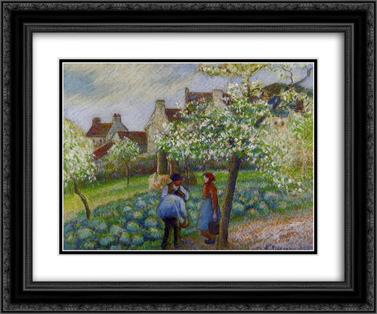 Flowering Plum Trees 24x20 Black Ornate Wood Framed Art Print Poster with Double Matting by Pissarro, Camille