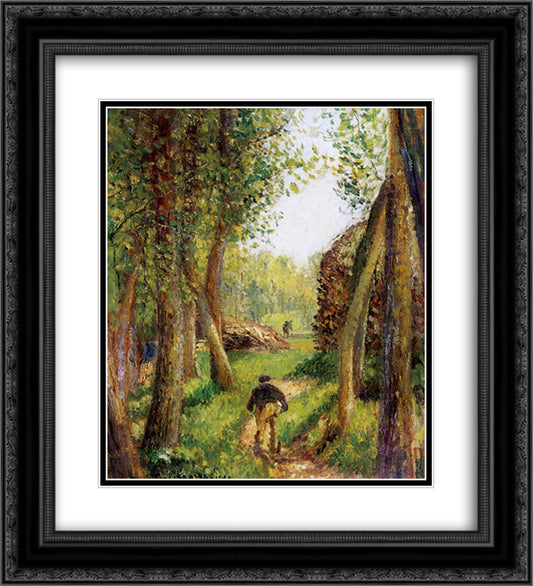 Forest scene with two figures 20x22 Black Ornate Wood Framed Art Print Poster with Double Matting by Pissarro, Camille