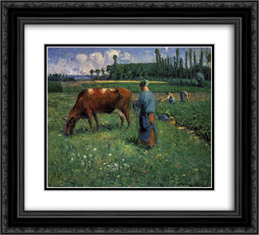 Girl Tending a Cow in Pasture 22x20 Black Ornate Wood Framed Art Print Poster with Double Matting by Pissarro, Camille