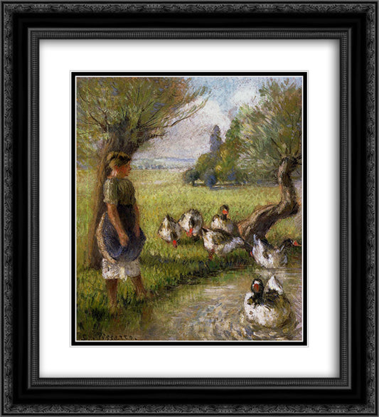 Goose Girl 20x22 Black Ornate Wood Framed Art Print Poster with Double Matting by Pissarro, Camille