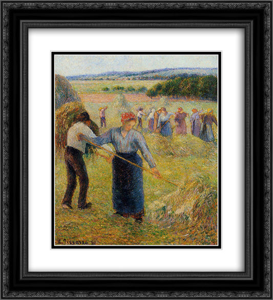Haymaking at Eragny 20x22 Black Ornate Wood Framed Art Print Poster with Double Matting by Pissarro, Camille
