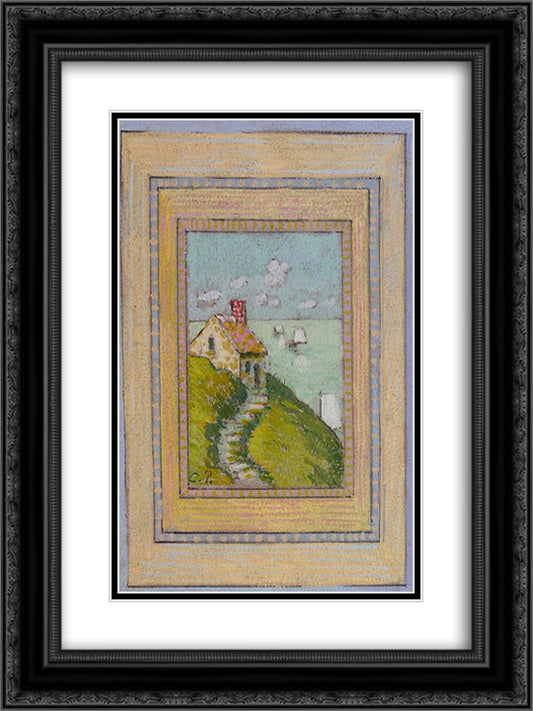House on a Cliff 18x24 Black Ornate Wood Framed Art Print Poster with Double Matting by Pissarro, Camille