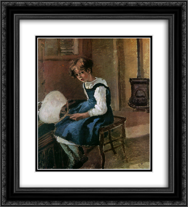 Jeanne Holding a fan 20x22 Black Ornate Wood Framed Art Print Poster with Double Matting by Pissarro, Camille