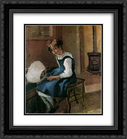 Jeanne Holding a fan 20x22 Black Ornate Wood Framed Art Print Poster with Double Matting by Pissarro, Camille