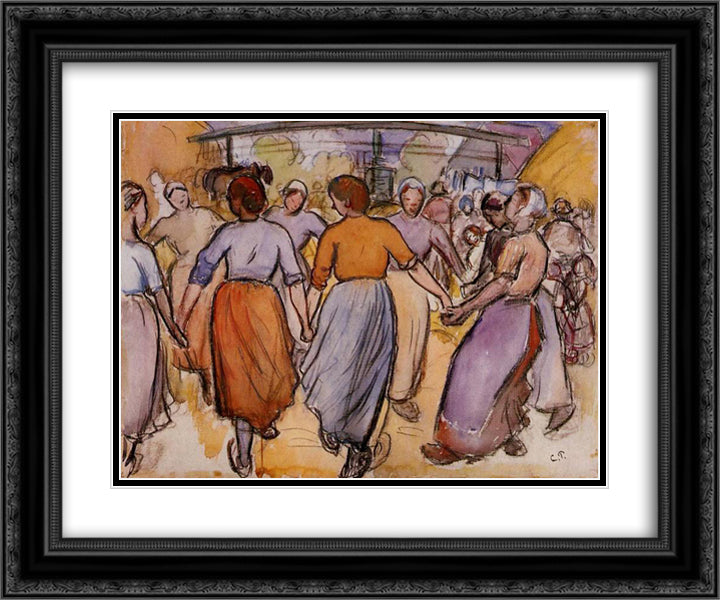 La Ronde 24x20 Black Ornate Wood Framed Art Print Poster with Double Matting by Pissarro, Camille
