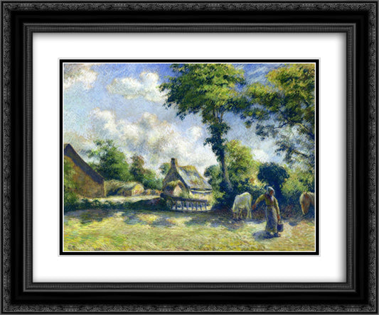 Landscape at Melleray, Woman Carrying Water to Horses 24x20 Black Ornate Wood Framed Art Print Poster with Double Matting by Pissarro, Camille