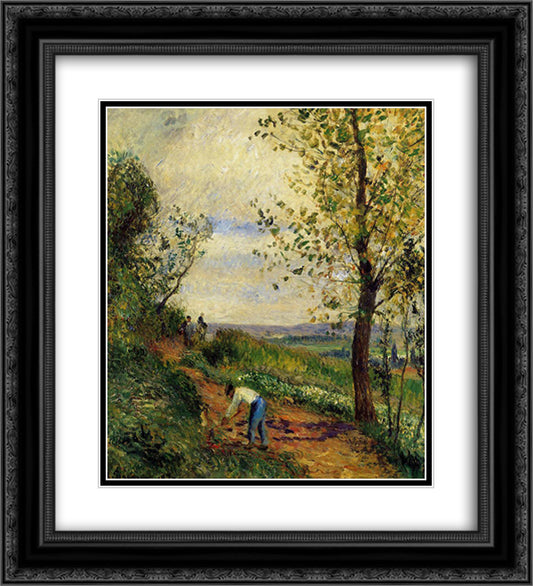 Landscape with a Man Digging 20x22 Black Ornate Wood Framed Art Print Poster with Double Matting by Pissarro, Camille