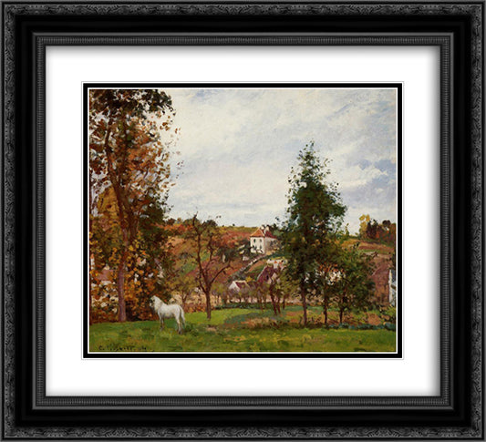 Landscape With A White Horse In A Field, L'Ermitage 22x20 Black Ornate Wood Framed Art Print Poster with Double Matting by Pissarro, Camille