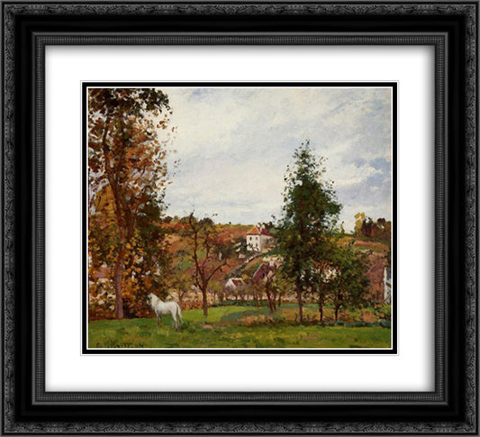 Landscape with a White Horse in a Meadow, L'Hermitage 22x20 Black Ornate Wood Framed Art Print Poster with Double Matting by Pissarro, Camille