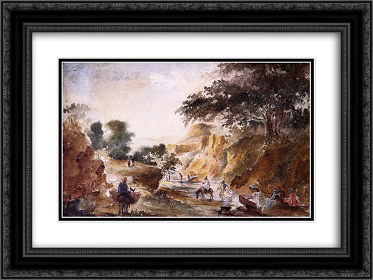 Landscape with Figures by a River 24x18 Black Ornate Wood Framed Art Print Poster with Double Matting by Pissarro, Camille