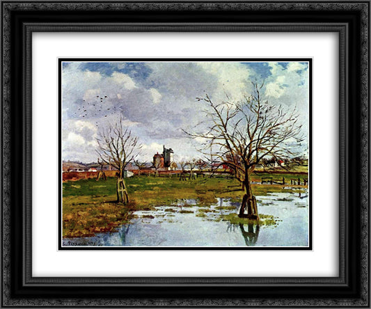 Landscape with Flooded Fields 24x20 Black Ornate Wood Framed Art Print Poster with Double Matting by Pissarro, Camille