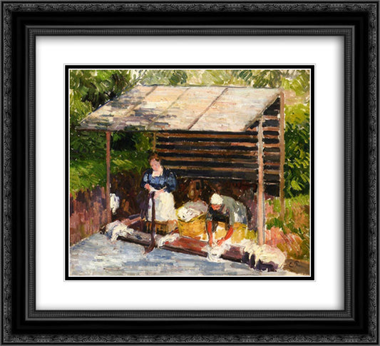 Laundresses at Eragny 22x20 Black Ornate Wood Framed Art Print Poster with Double Matting by Pissarro, Camille