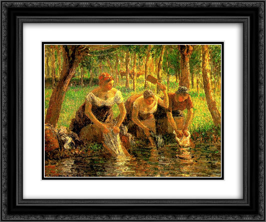 Laundring Women. Eragny sur Eptes 24x20 Black Ornate Wood Framed Art Print Poster with Double Matting by Pissarro, Camille