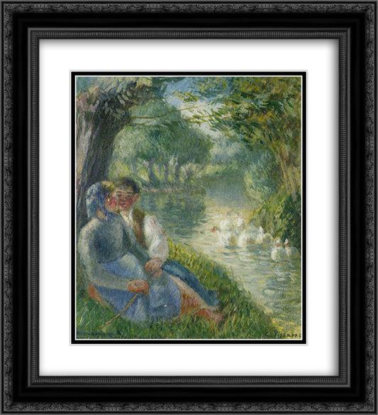 Lovers Seated at the Foot of a Willow Tree 20x22 Black Ornate Wood Framed Art Print Poster with Double Matting by Pissarro, Camille
