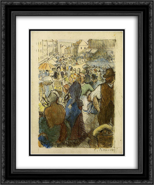 Market at Gisors, Rue Cappeville 20x24 Black Ornate Wood Framed Art Print Poster with Double Matting by Pissarro, Camille