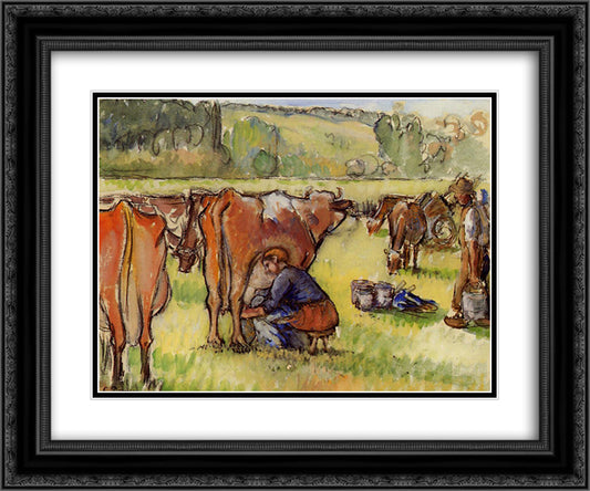 Milking Cows 24x20 Black Ornate Wood Framed Art Print Poster with Double Matting by Pissarro, Camille